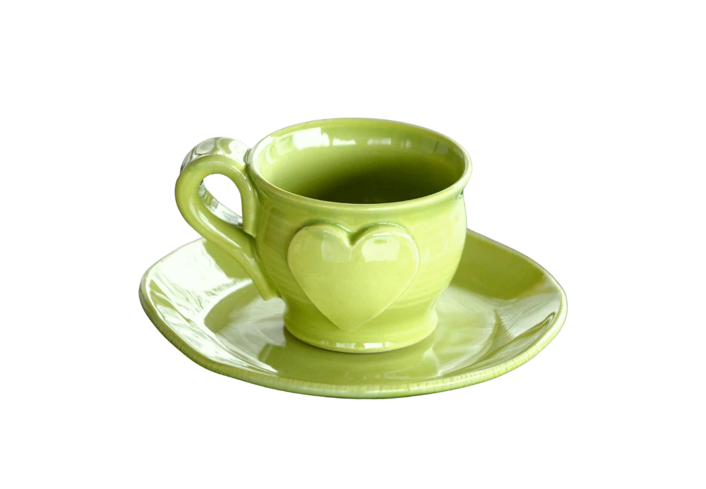 Keramická šálka na kávu espresso - lungo - ristretto so srdiečkom – 50 ml - zelená - ručná výroba