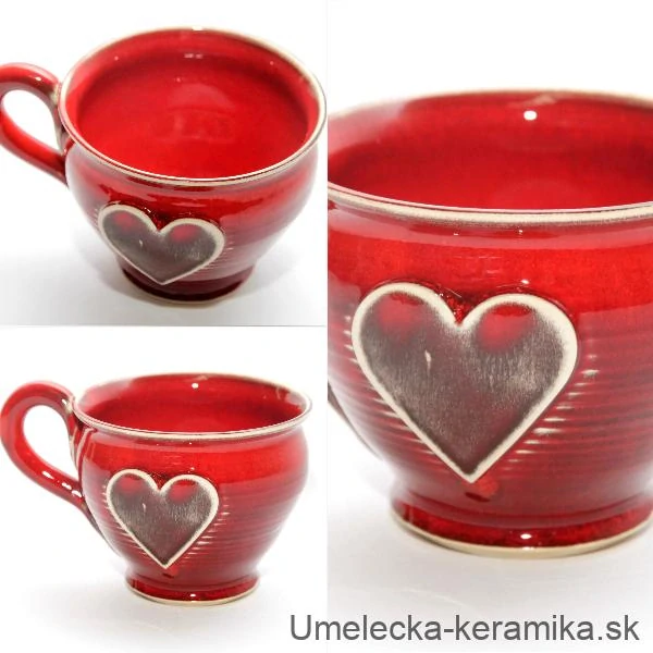 Keramická šálka - hrnček na kávu - cappuccino - čaj so srdiečkom - 200 ml - červená - ručná výroba